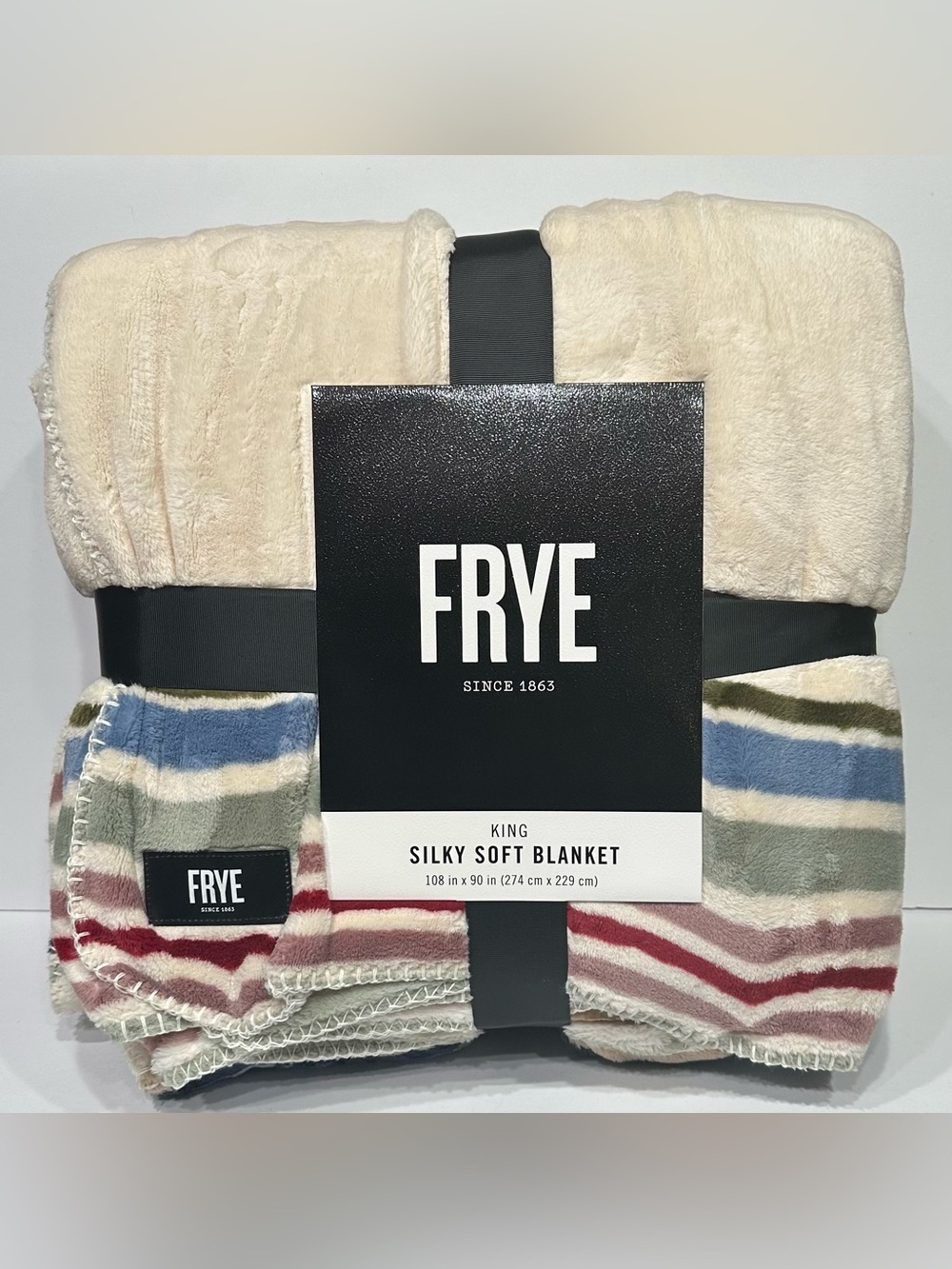 NEW, FRYE King Size Multi-Color Southwestern Stripes/Badge Logo Plush Blanket